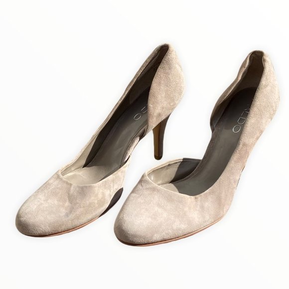 Aldo Suede Leather Tan Beige D'Orsay Pumps Size 37 or 6.5 Round Toe 3 Inch Heels - Picture 2 of 12